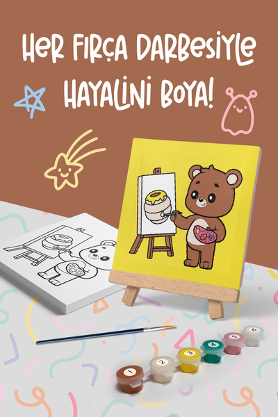 Mind & Play Ressam Ayı Temalı Çocuk Şövale Tuval Boyama Seti | Ahşap Şövale+T...