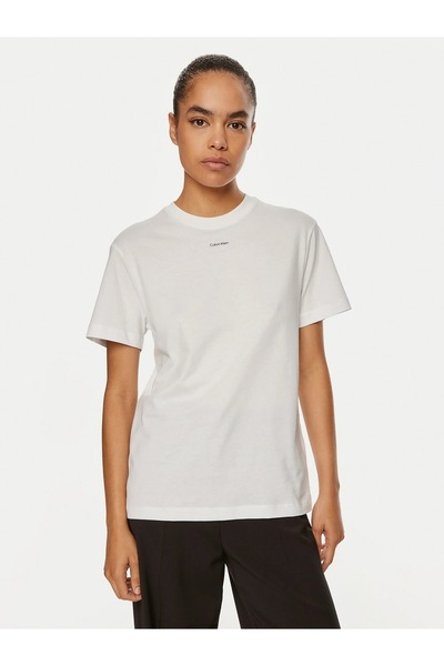 Calvin Klein Round Neck Printed White Women's T-Shirt Nano Logo Regular T-Shirt