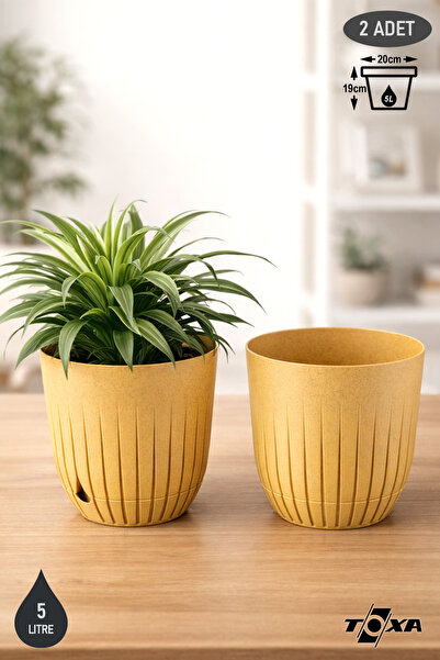 ToXA 2 Adet Çizgi Saksı Seti 5 Litre Plastik Delikli Tabaklı Çiçek Saksısı Set