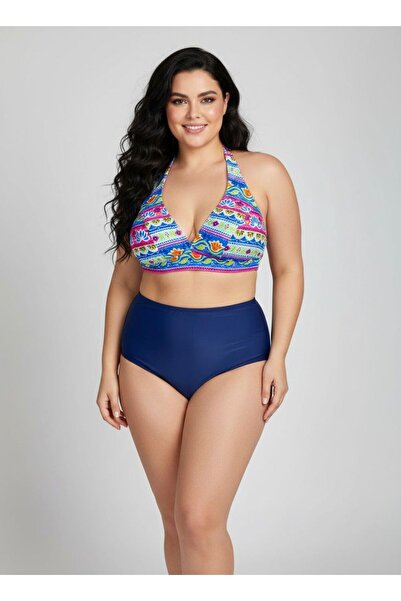 FUNELLA Set de bikini elegant cu model Tie-Dye, cu talie înaltă, cu gât