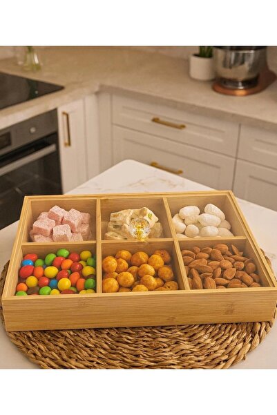 Fİ HOME وعاء للحلويات من الخيزران بـ 6 أقسام مقاس 20×20 سم مع غطاء من البليكسي، صندوق عرض أنيق