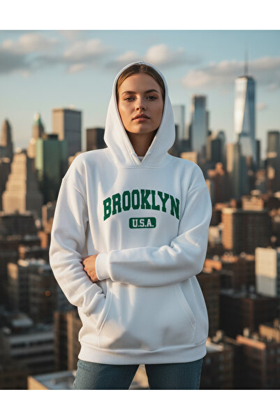 RPT MODA Hanorac de bază cu glugă, verde, supradimensionat, cu imprimeu BROOKLYN