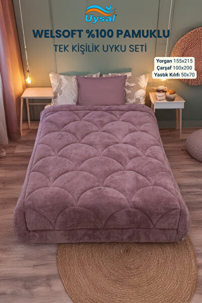 UYSAL WELSOFT AKFİL MİDYE DESEN TEK KİŞİLİK UYKU SETİ GÜL KURUSU 155x215