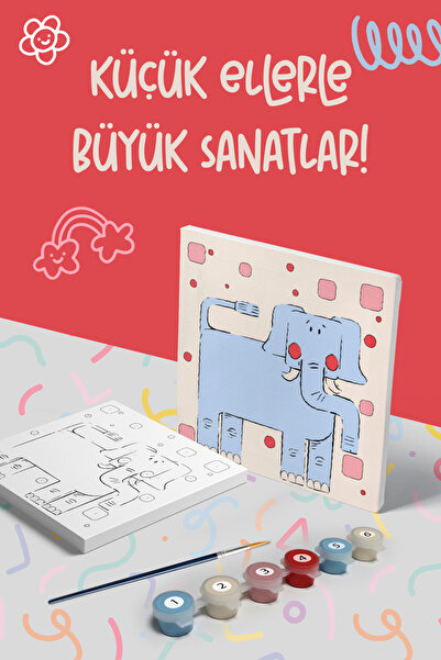 Mind & Play Fil Temalı Çocuk Tuval Boyama Seti | Tuval + 6 Renk Akrilik Boya + Fırça