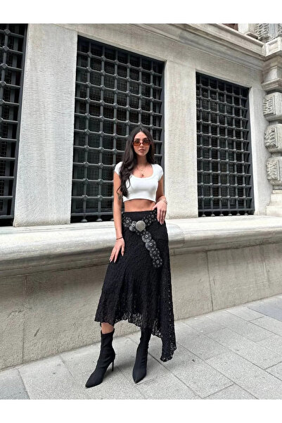 MAMAYAGA Kadın Beli Lastikli Tam Esnek Dantel Güpürlü Asimetrik Kesim Yüksek Bel Şık Midi Boy Tasarım Etek