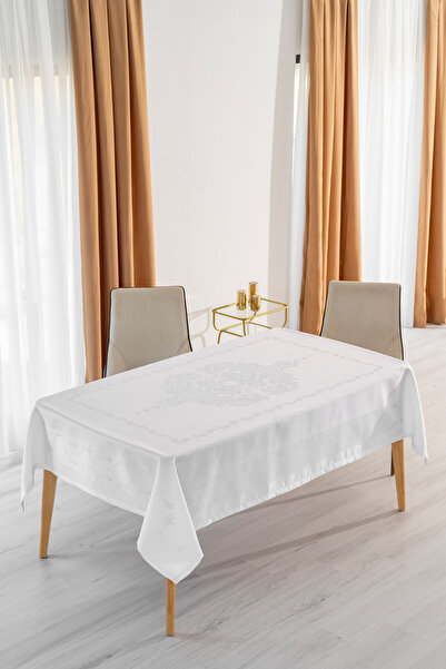 Tropikhome Jumbo Jakar Pano Desen Leke Tutmaz Jakarlı 150x220 Cm Lüks 8 Kişilik Masa Örtüsü Beyaz