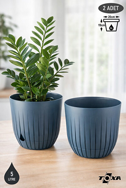 ToXA 2 Adet Çizgi Saksı Seti 5 Litre Plastik Delikli Tabaklı Çiçek Saksısı Set