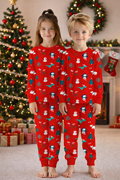 MeaShop Коледен комплект детски пижами с мотив на борове и бонбони