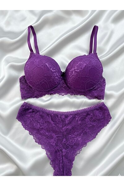 RUYAZ Mor Dantelli Destekli Dolgulu Sütyen Takımı - Günlük Kullanıma Uygun Şık İç Giyim