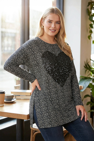 Stil Diva Bluză cu mânecă lungă, cu mânecă lungă, cu paiete, cu detaliu cu fante 322269