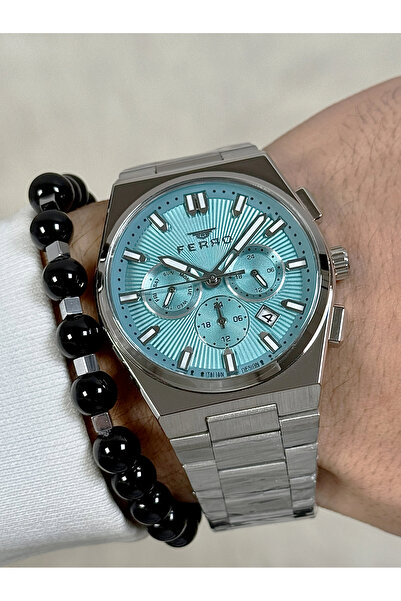 FERRO Gümüş Çelik Kordon Erkek Kol Saati FM43027A-A15 Tüm Fonksiyonlar Aktif Su Geçirmez Bileklik Hediye