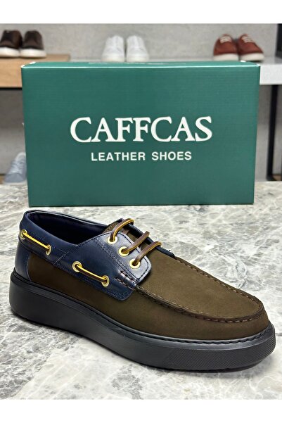 Caffcas Hakiki Deri Nubuk Haki Lacivert Kombinli El Yapımı Casual Erkek Ayakk...