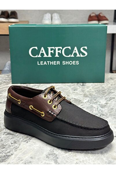 Caffcas Γνήσιο δέρμα Nubuck Μαύρο Καφέ Συνδυασμένο Χειροποίητο Ανδρικά Παπούτ...