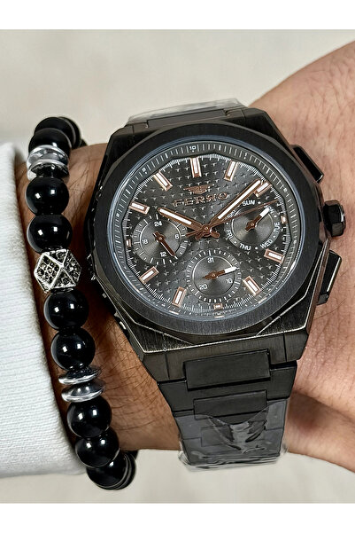 FERRO ساعة يد رجالية بسوار فولاذي رمادي FM43013A-V جميع الوظائف تعمل بشكل نشط 3 ATM مقاومة للماء