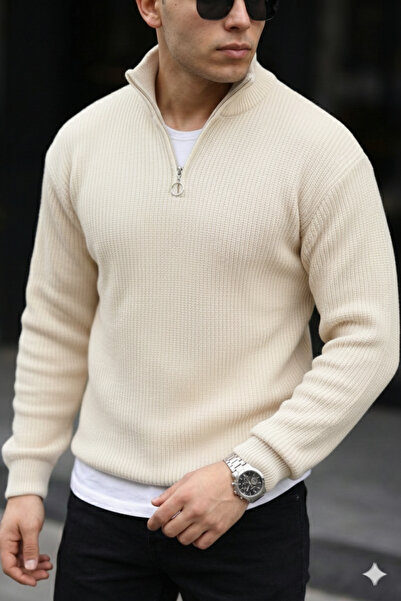 Quafash Half Zipper Mock Neck Corded Fabric Casual Sweater-Men's Beige Knitwe...