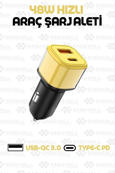 Enshall Iphone Uyumlu Toplam 48 W Type-c Ve Usb Girişli Araç Çakmaklık Hızlı Şarj Aleti