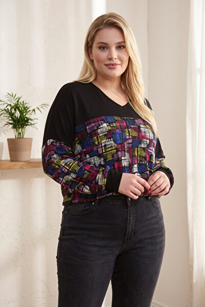 Stil Diva Bluză cu mânecă lungă, cu decolteu în V, cu fantă laterală, cu imprimeu, mărime mare, 89-45