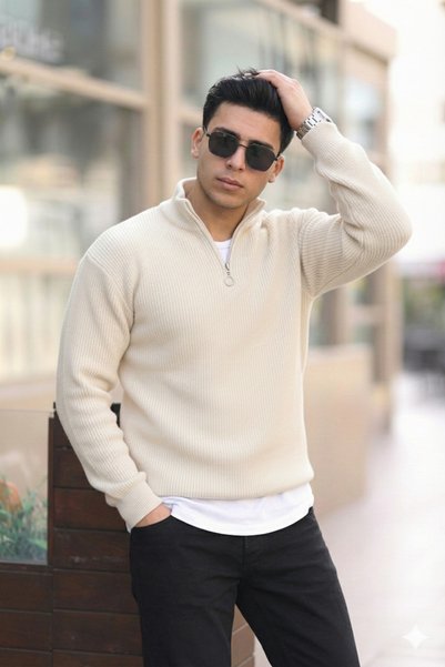 Quafash Half Zipper Mock Neck Corded Fabric Casual Sweater-Men's Beige Knitwear Sweater