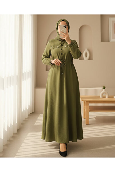 Modamorfo Rochie cu buzunare, talie cu curea, maneci elastice - verde ulei