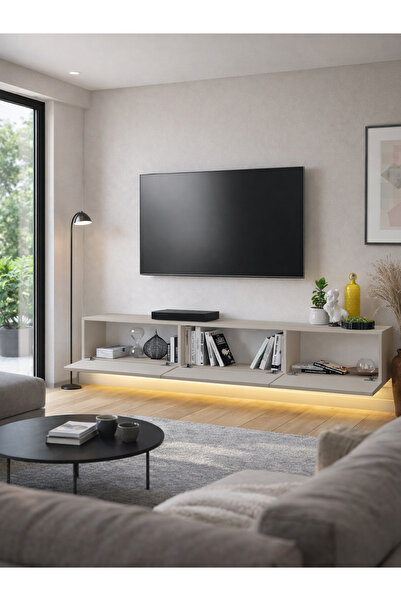 dorpek Led Li Işıklı Tv Ünitesi 180 Cm - Kumtaşı Renk, Modern, Geniş, Raflı Tasarım - Tv Sehpası | Cercei