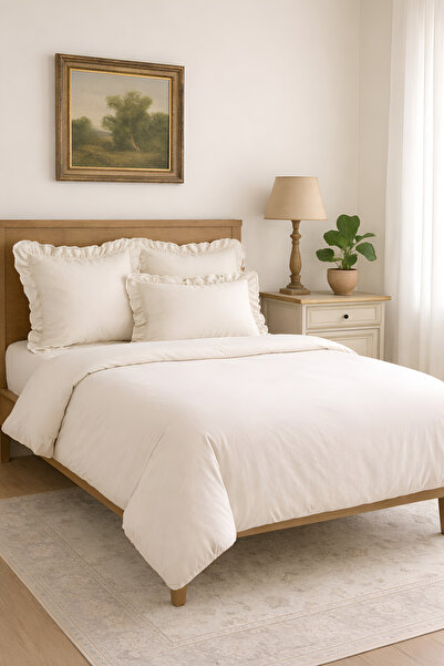 GÖRMEZ TEKSTİL طقم غطاء لحاف مزدوج من القطن العضوي مع كشكش / بيج طبيعي