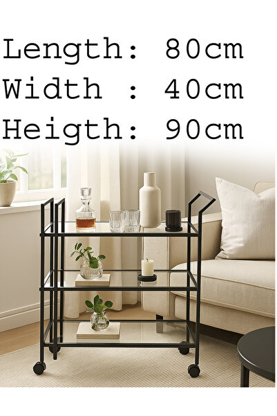 YINZUO 3-Tier Bar Cart with Glass Shelves, Welded Metal Frame, No Assembly Needed, Lockable Wheels