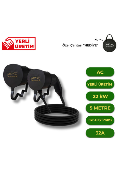 Elektrikli Araç 5 Metre 22kW Type2 AC Şarj Kablosu Seti-Tüm Modellerle Uyumlu