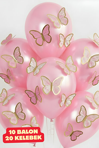 Baloncu Dede 10 Adet Parlak Pembe Balon 20 Pembe Yapışkanlı Kelebek Doğum Günü Balonları Kelebekli Balon