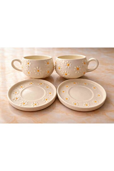 shaymia natural Papatya Desenli Tabaklı Fincan-Kupa-Mug-El Yapımı Fincan Takı...