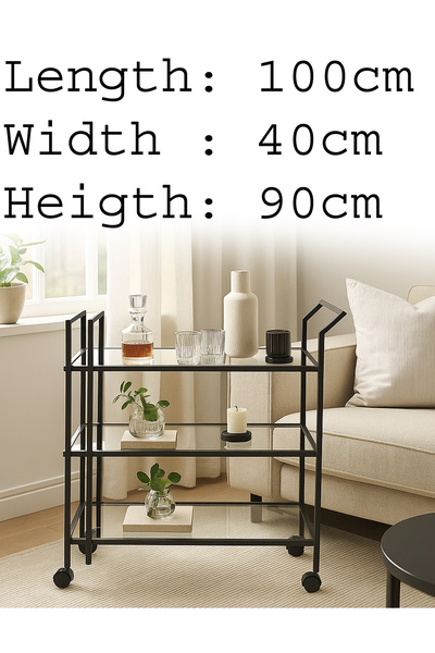 YINZUO 3-Tier Bar Cart with Glass Shelves, Welded Metal Frame, No Assembly Needed, Lockable Wheels