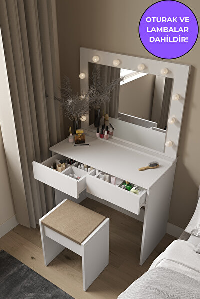 DEKORFİM DF02103B Hollywood Işıklı Aynalı Çekmeceli Oturaklı Makyaj Masası
