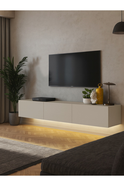 dorpek Led Li Işıklı Tv Ünitesi 180 Cm - Kumtaşı Renk, Modern, Geniş, Raflı Tasarım - Tv Sehpası | Cercei