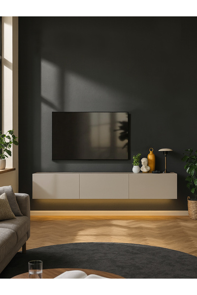 dorpek Led Li Işıklı Tv Ünitesi 180 Cm - Kumtaşı Renk, Modern, Geniş, Raflı Tasarım - Tv Sehpası | Cercei