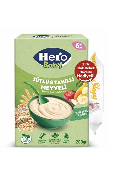Hero Baby Kaşık Maması 200GR Sütlü 8 Tahıllı Meyveli + Islak Mendil Hediye