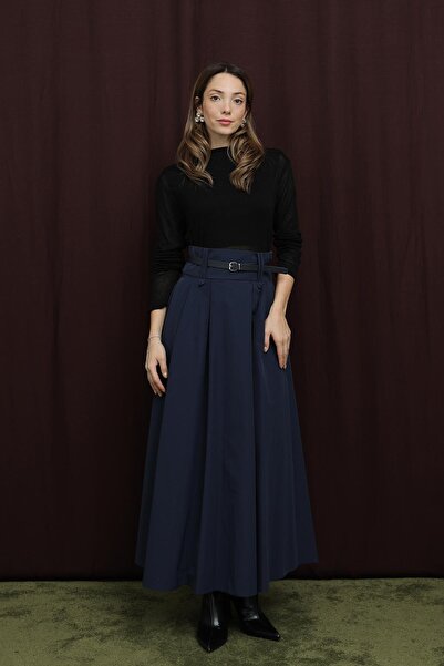 Loreen Women's Bridge Detailed Belted Skirt - 20710Etk - Navy