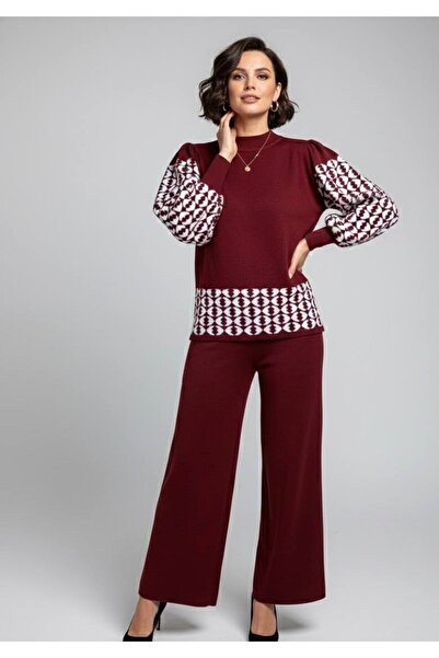 YusGos Women's Geometric Patterned Bottom Top Pants Sweater Knitwear Set