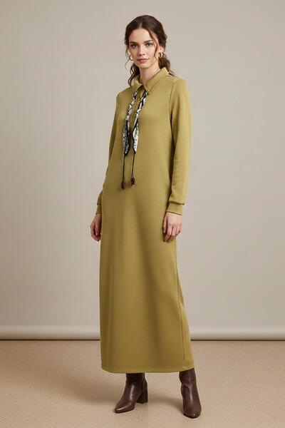 Puane Kadın Fular Detaylı Polo Yaka Rahat Kesim Elbise – 12669ELB - OLIVE