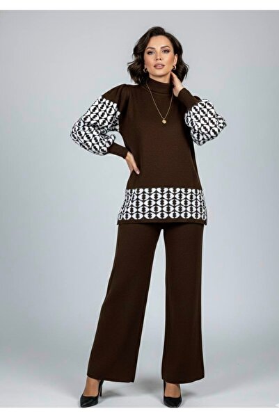 YusGos Women's Geometric Patterned Bottom Top Pants Sweater Knitwear Set