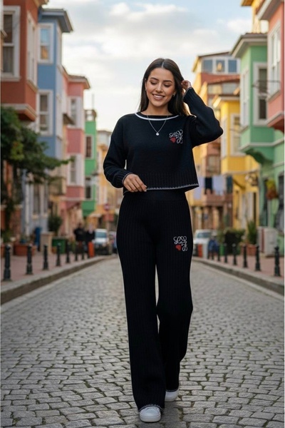 YusGos Women's Crew Neck Patterned Crop Sweater Pants Knitwear Top and Bottom Set