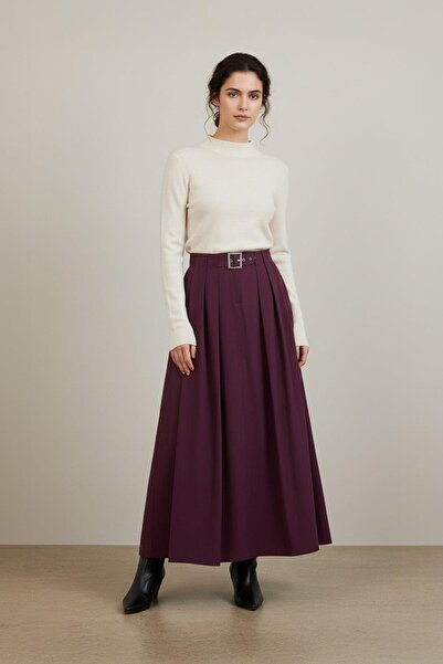 Loreen Women's Pleated Belted Skirt - 20702Etk - Burgundy