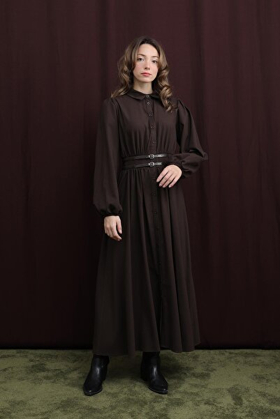 Loreen Kadın Çift Kemerli Elbise - 20700ELB - BROWN