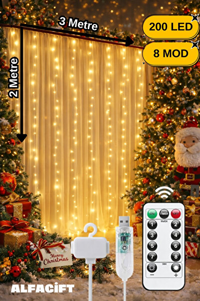 ALFAGİFT 3x2 Metre 200 Ledli 10 Saçaklı Yılbaşı Perde Led Christmas Işık-8 Mod,Uzaktan Kumandalı, Su Geçirmez