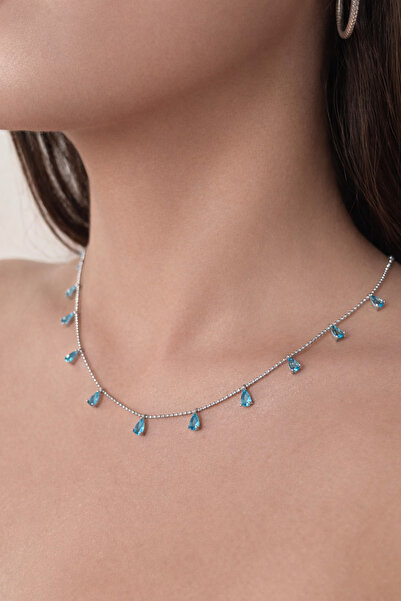 HOUSEKİ قلادة أنيقة بسيطة مرصعة بحجر الدمعة الأزرق