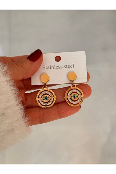 HERCY 316 L Paslanmaz Çelik Küpe | Zirkon Taşlı Göz Küpe | Gold Sallantılı Küpe