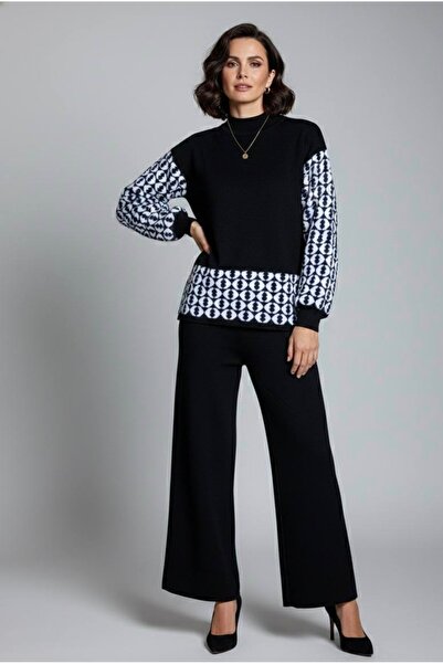 YusGos Women's Geometric Patterned Bottom Top Pants Sweater Knitwear Set