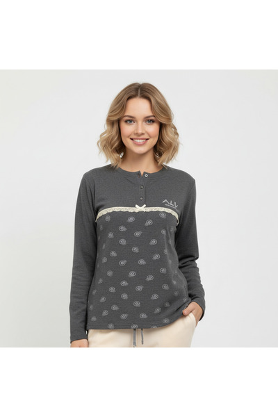 BONBON طقم بيجامة نسائي من القطن باللون الرمادي المزخرف AL506 V2