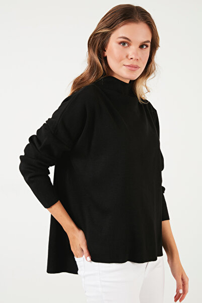 Lela سترة نسائية سوداء طويلة الظهر من القطن بياقة عالية 4615002