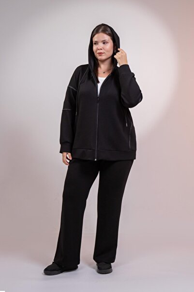 Roxxlen 1211002 Kadın Büyük Beden Grogrenli-Fermuarlı Kapşonlu Sweat Siyah