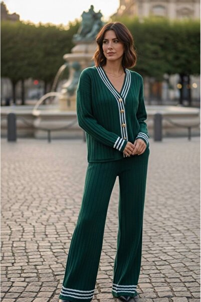 YusGos Women's Striped Knitwear Cardigan Pants College Bottom Top Set