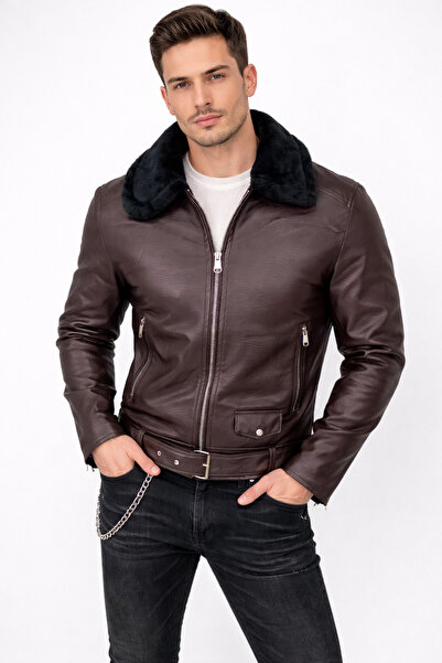 albay outdoor Brown Collar Fur Leather Jacket